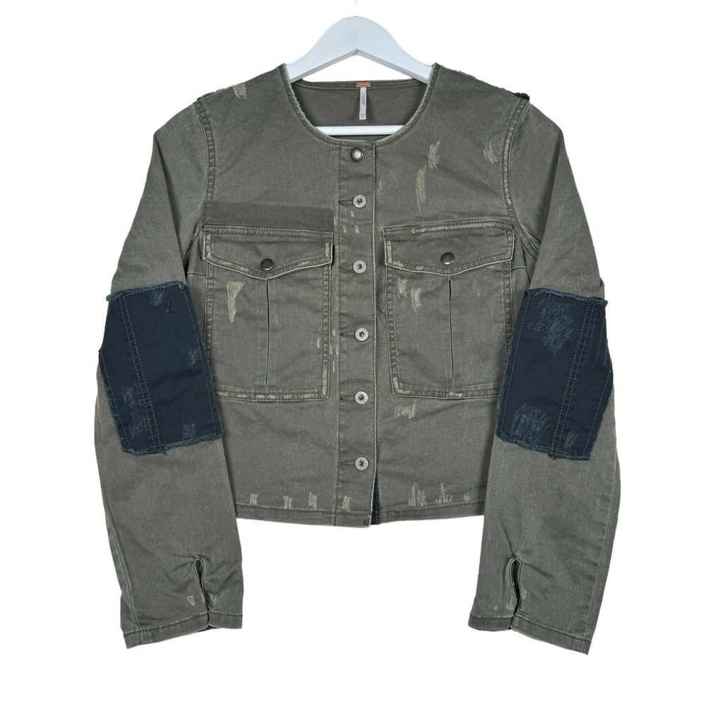 Free People Military Front Pockets Collarless Cropped Jacket Sz XS - Green Black
